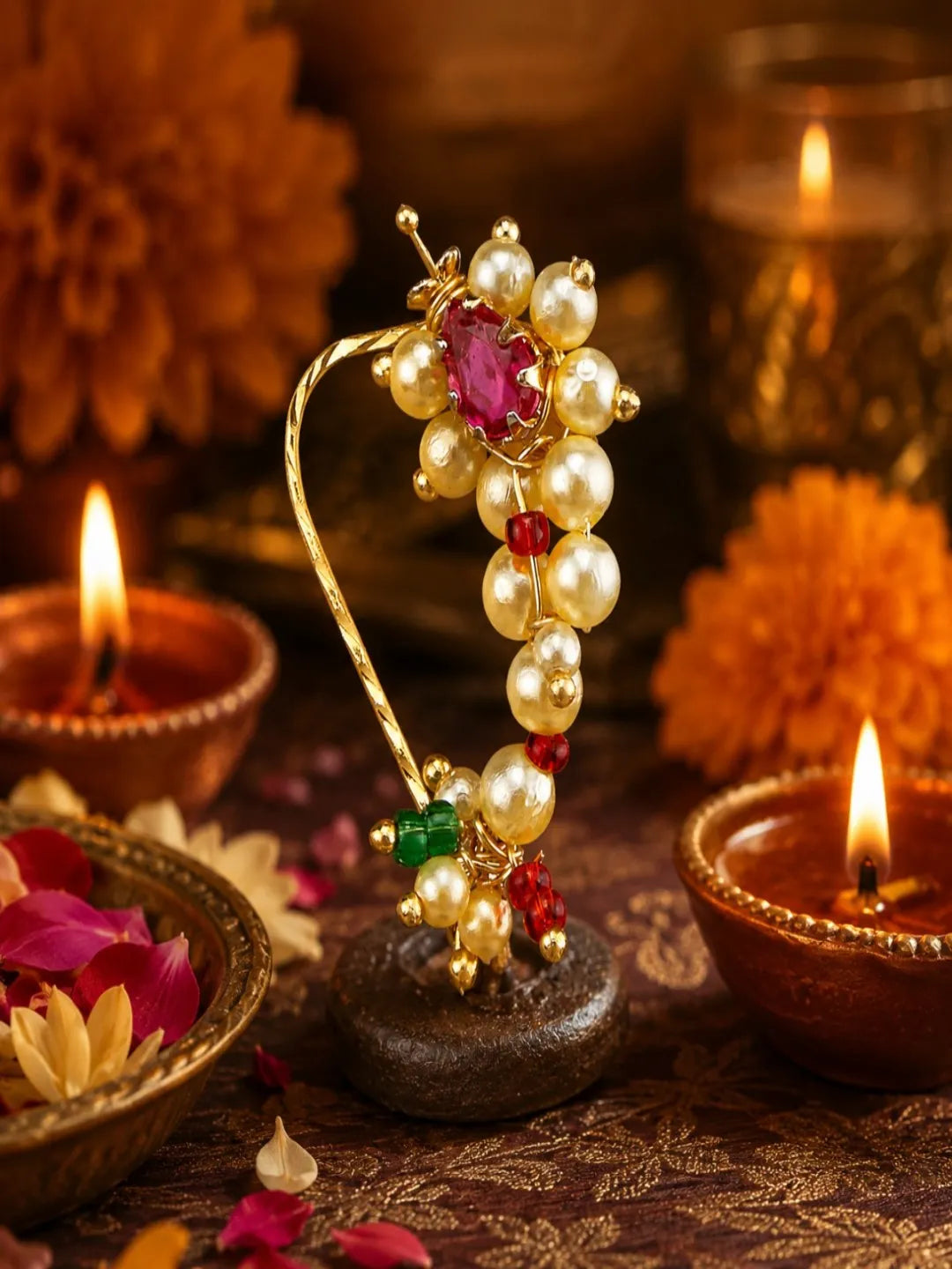 Gold-Plated Red and White Beads Studded Nosepin
