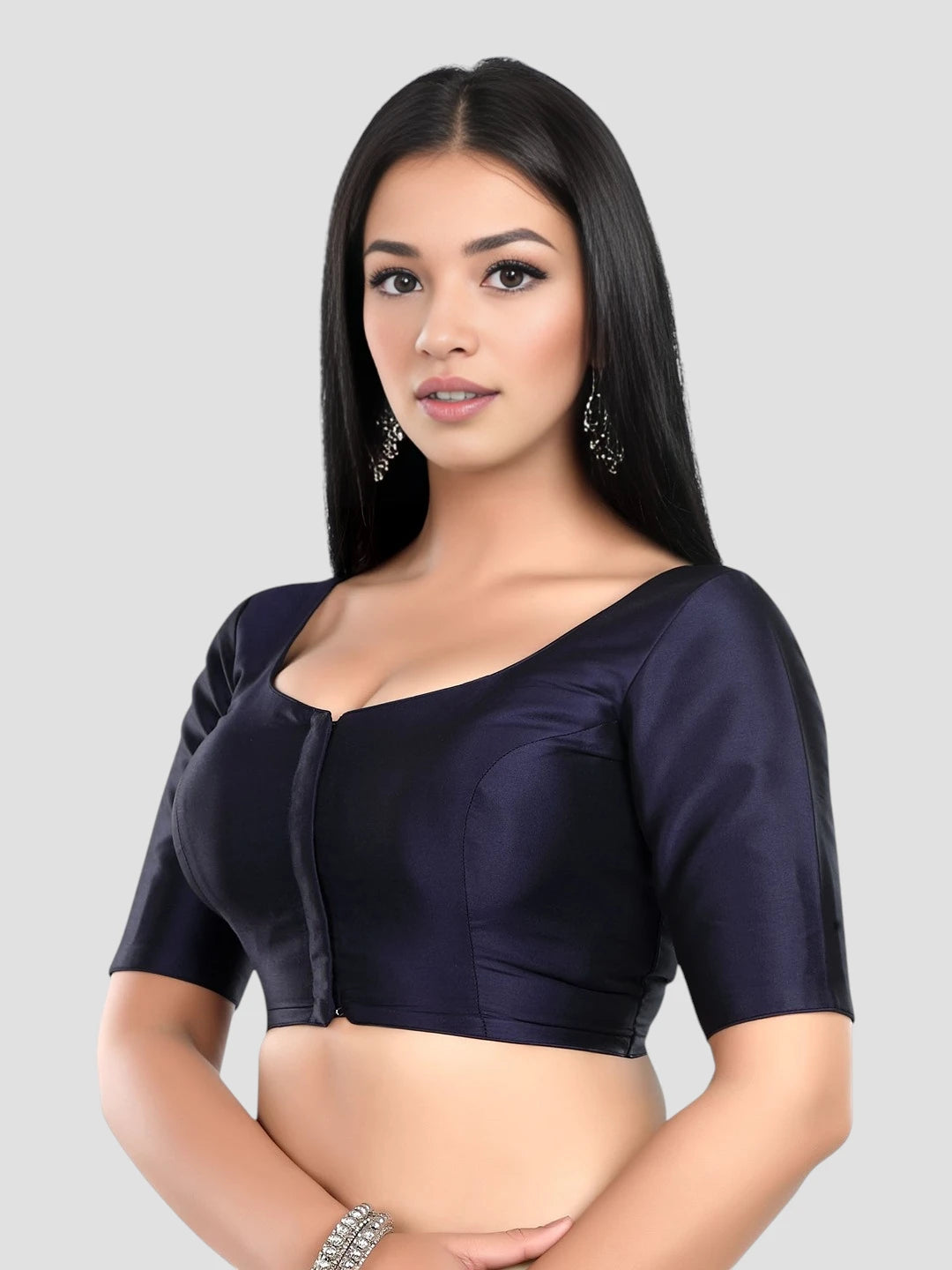 Plain Navy Blue Silk Blouse