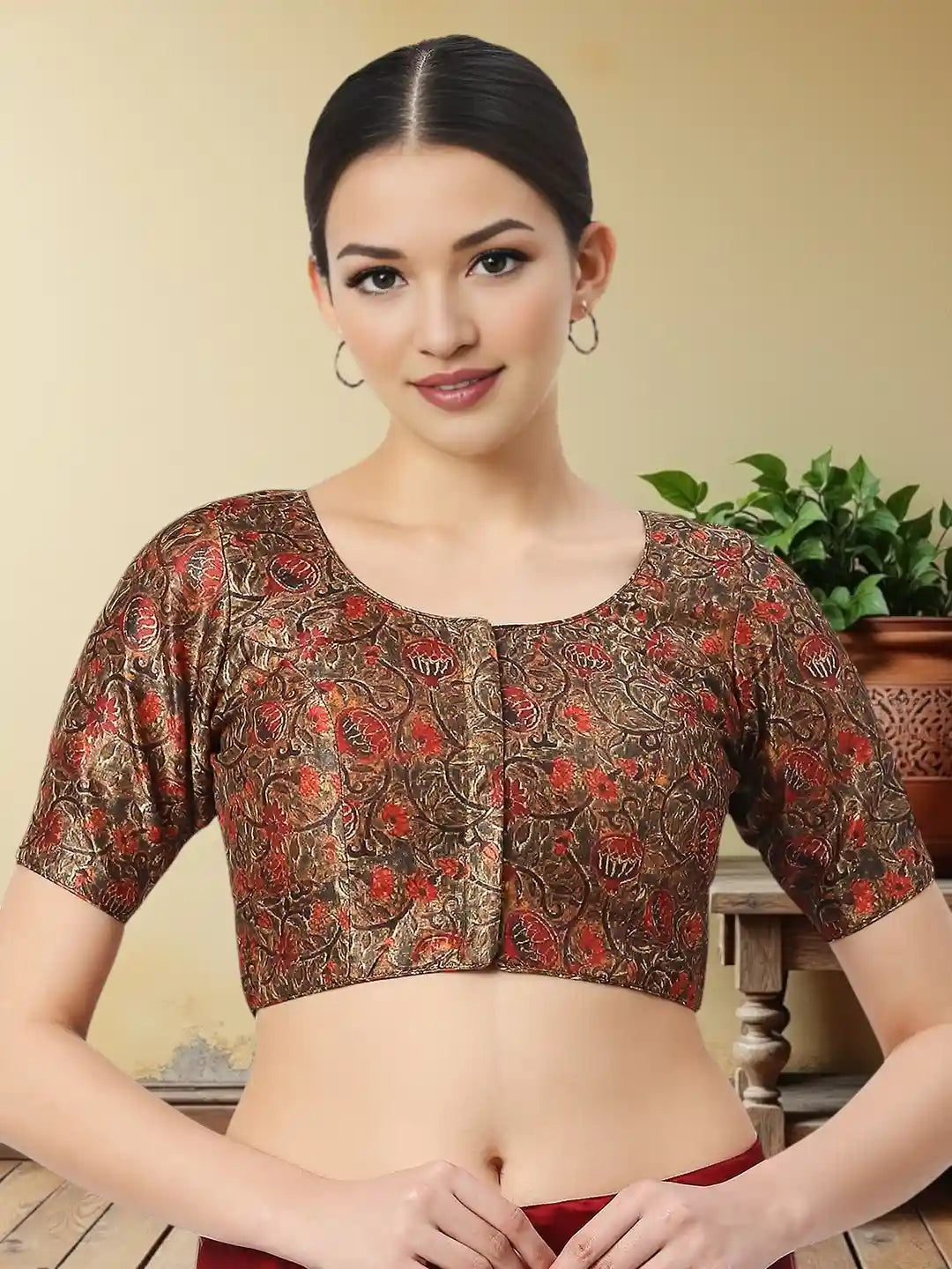 Red Print on Midnight Black Blouse