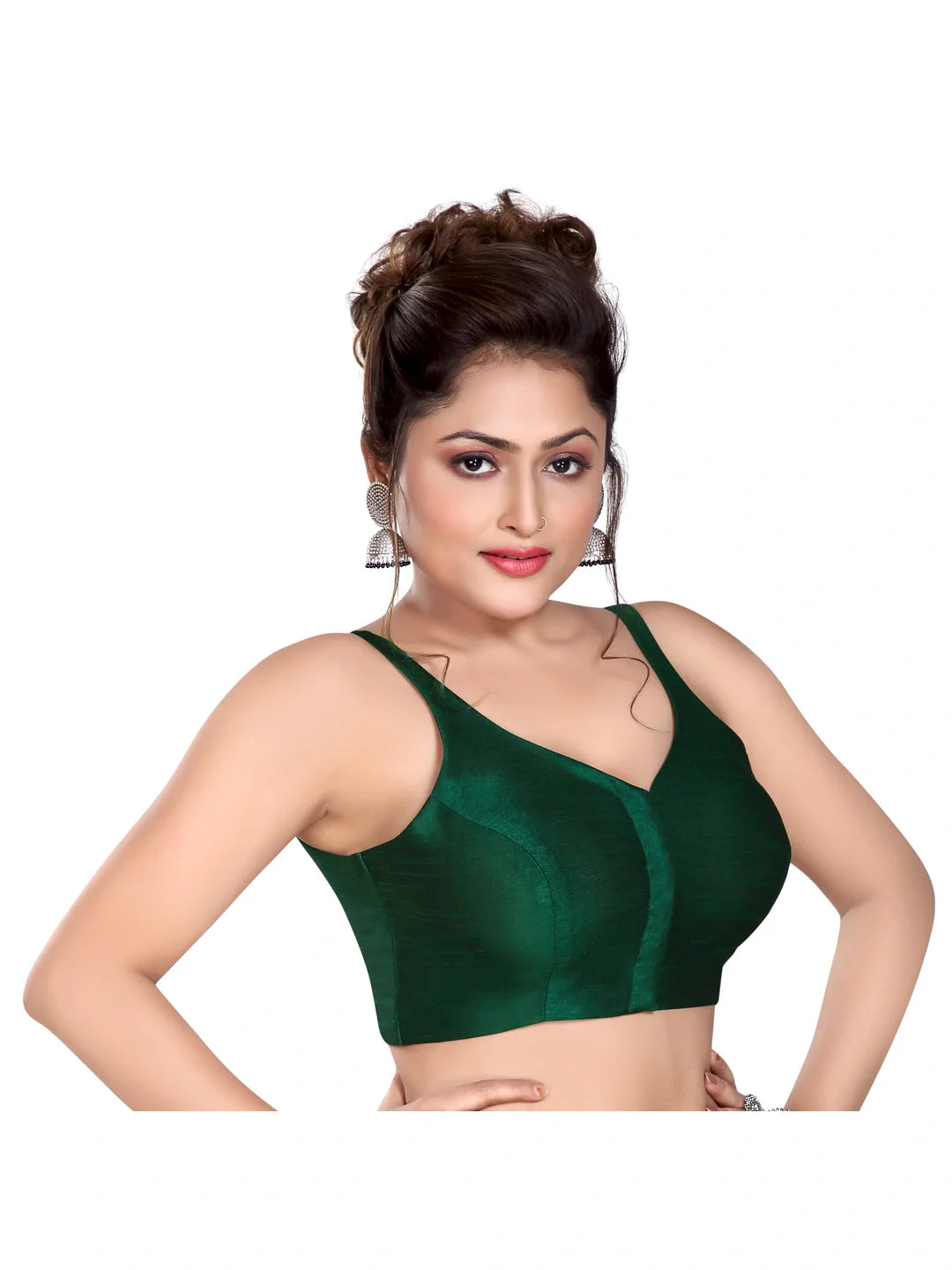 Dark Green Silk V-Neck Blouse