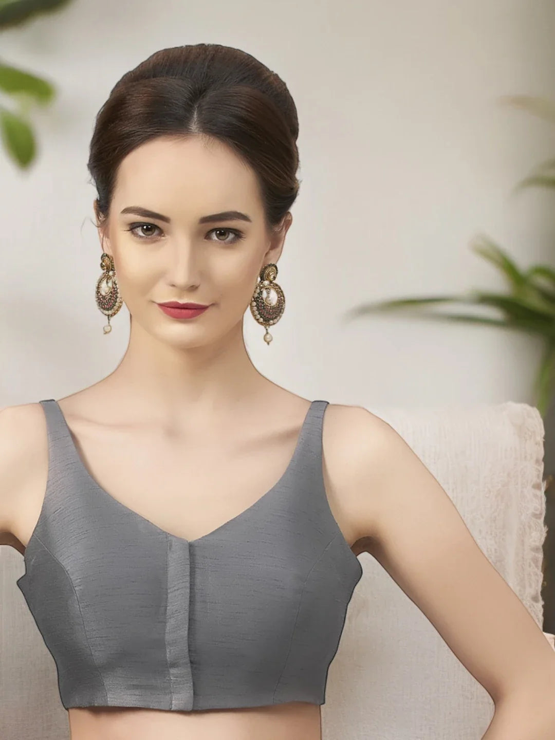 Grey Silk V-Neck Blouse