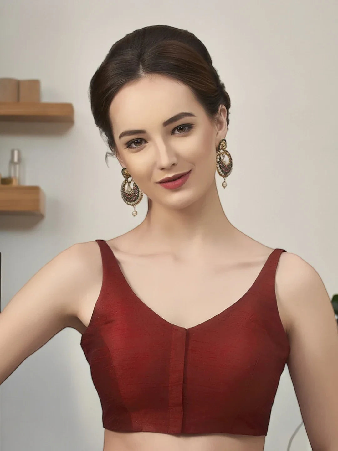 Maroon Silk V-Neck Blouse