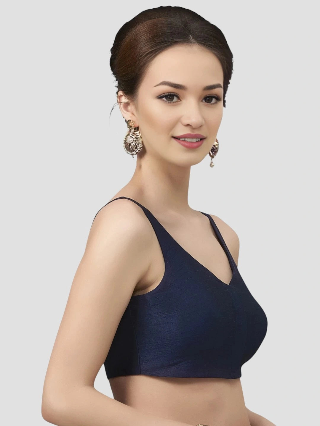 Navy Blue Silk V-Neck Blouse