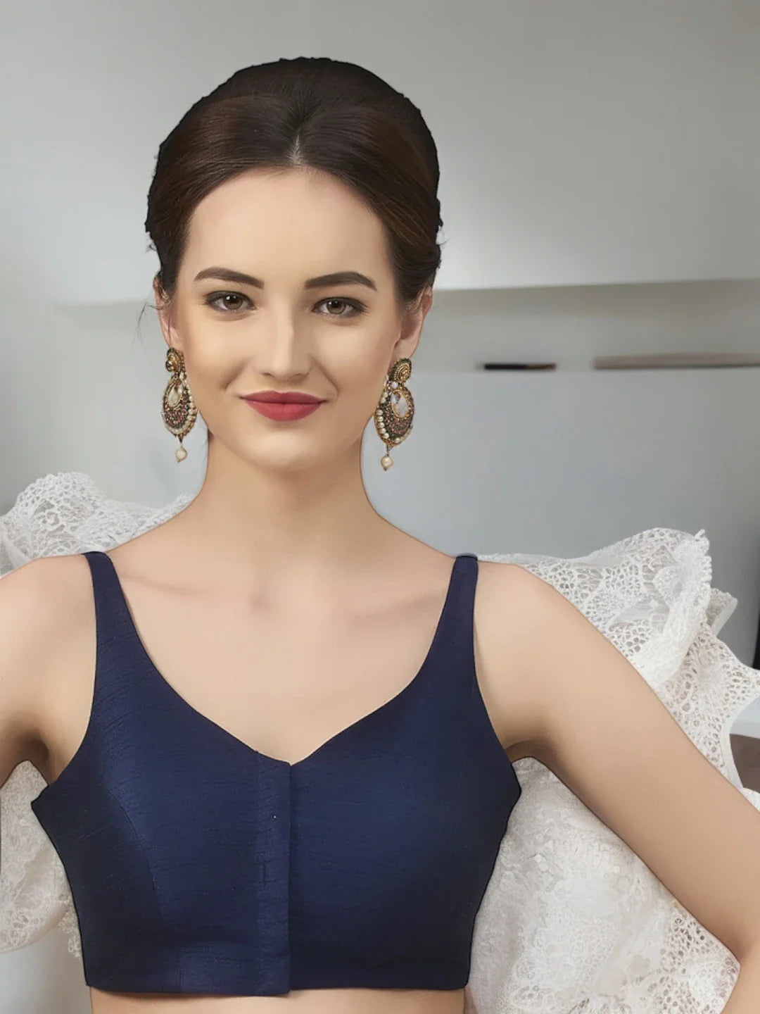 Navy Blue Silk V-Neck Blouse