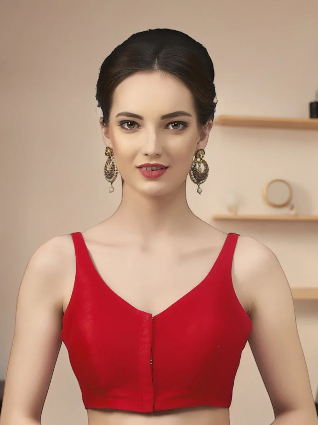 Red Silk V-Neck Blouse