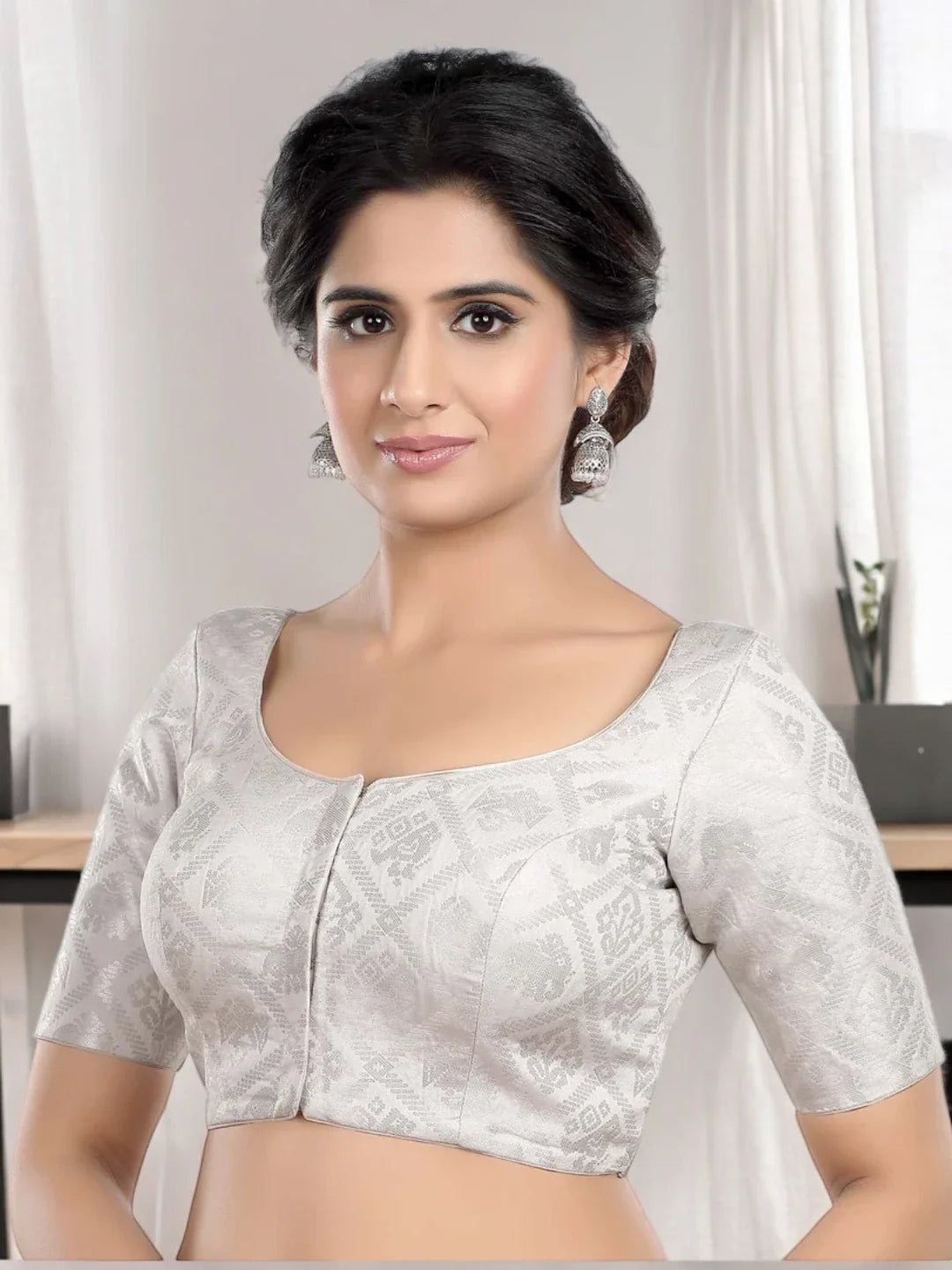 Silver Printed Brocade Blouse