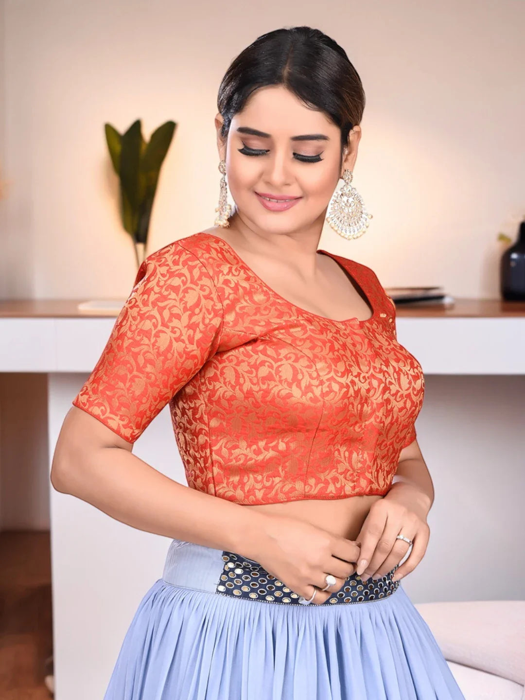 Red Printed Brocade Blouse