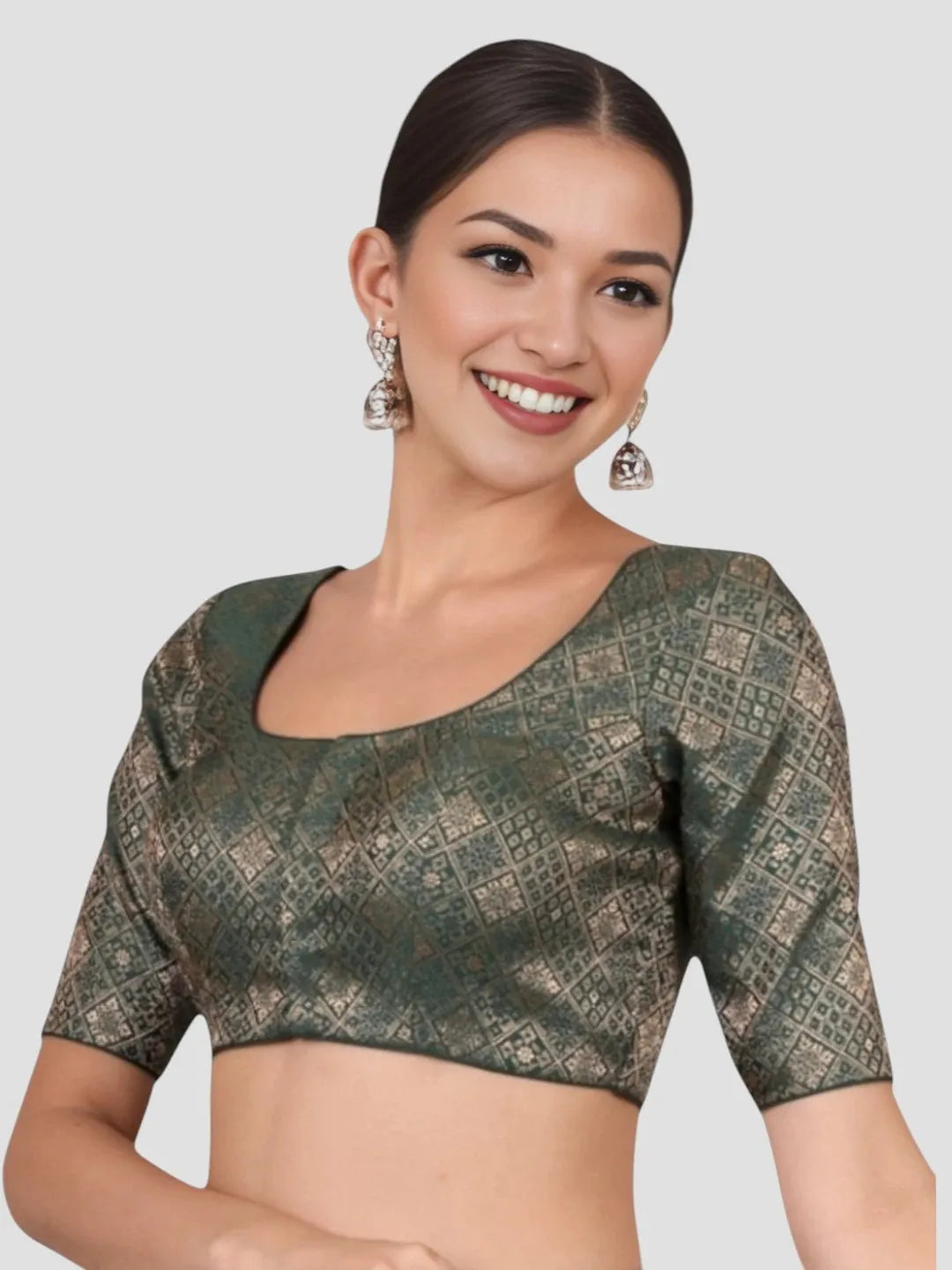 Bottle green Brocade Padded Readymade Saree Blouse