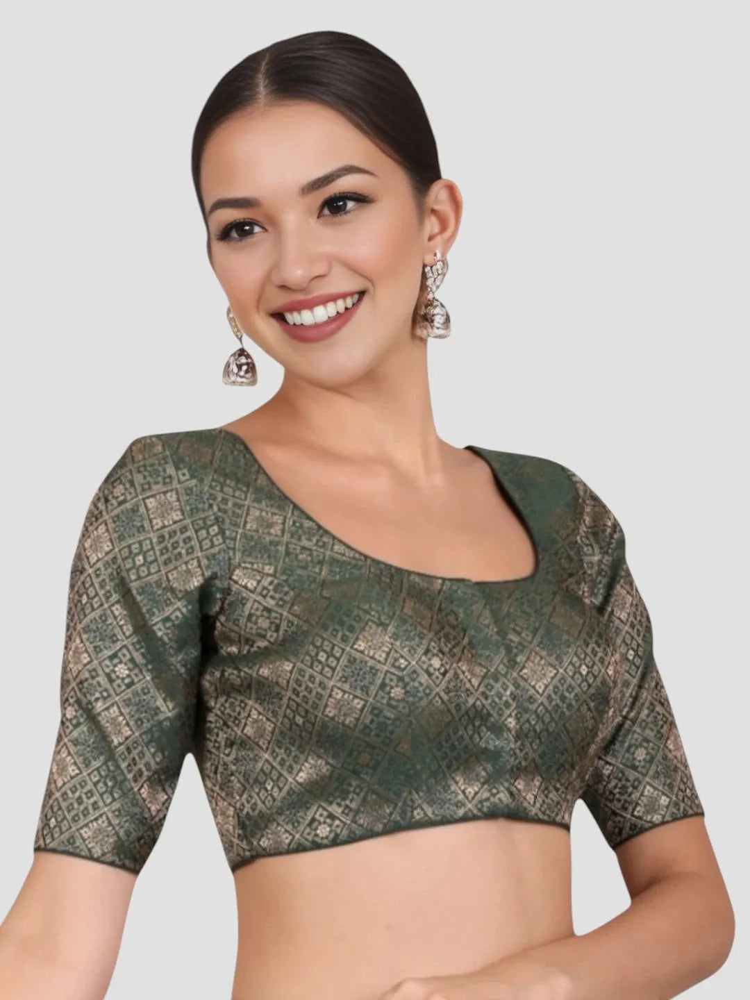 Bottle green Brocade Padded Readymade Saree Blouse
