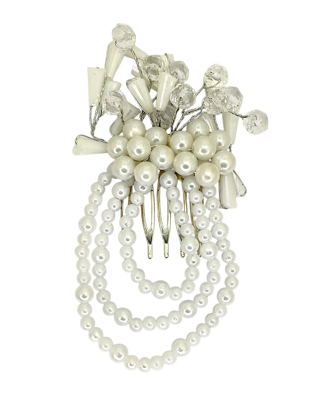 Silver And White Beads Comb Hair Pin