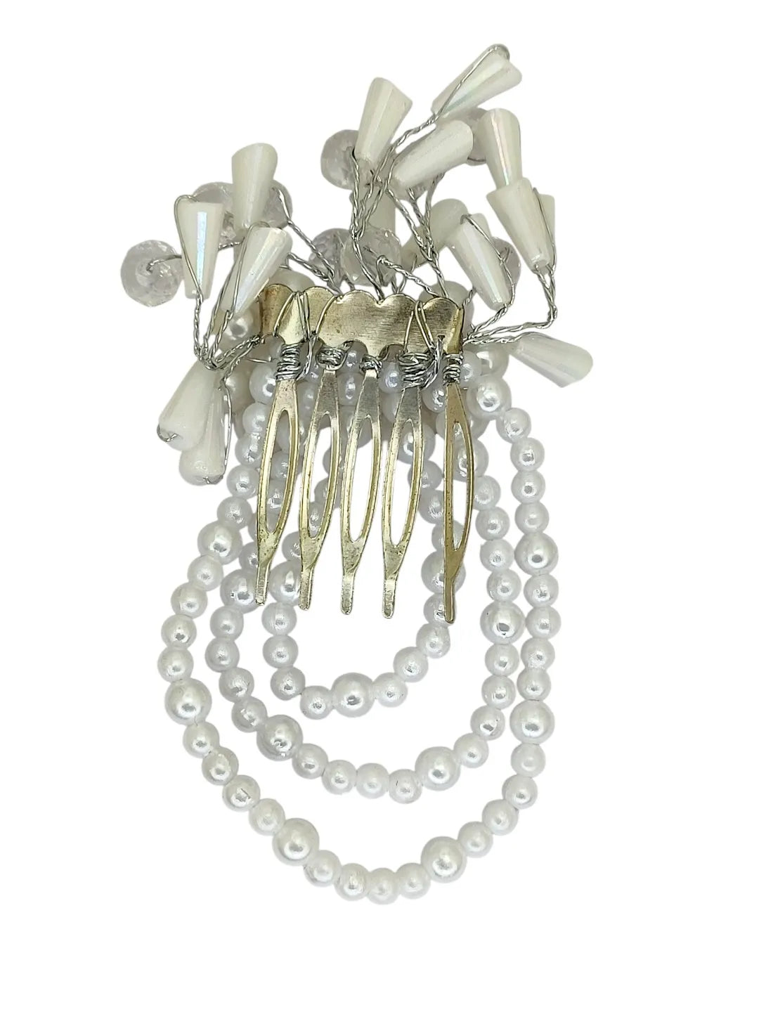 Silver And White Beads Comb Hair Pin