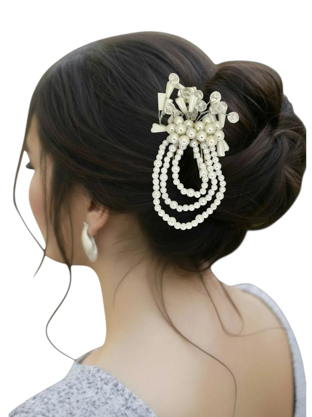 Silver And White Beads Comb Hair Pin