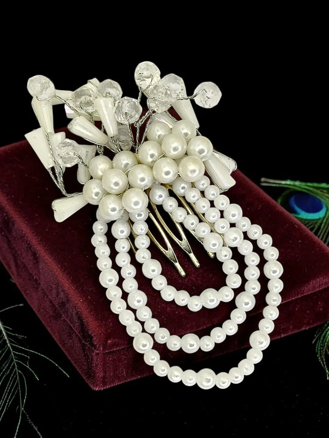 Silver And White Beads Comb Hair Pin