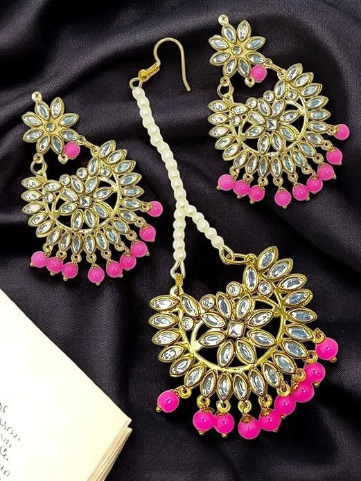 Radiant Gold-Toned Hot Pink Beads Jewelry Set
