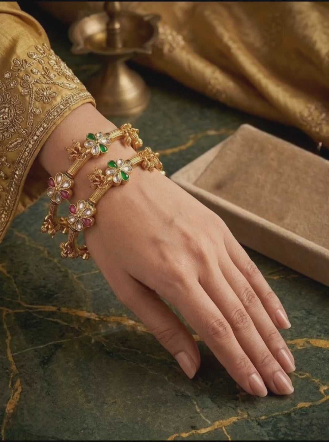 Set Of 2 Gold Plated Kundan Kashmiri Bangles