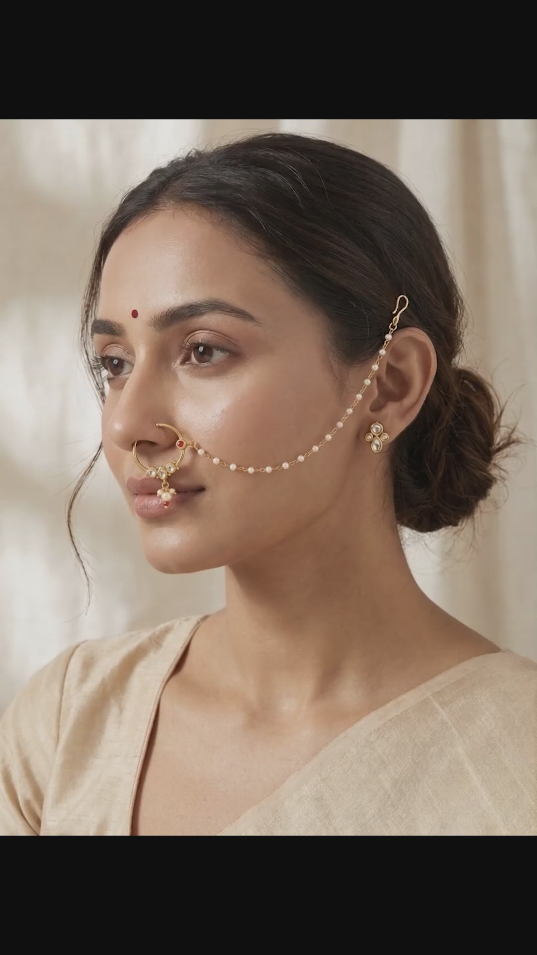 Gold plated Kundan Ruby Bridal Nose Ring Clip On Non Piercing Nath