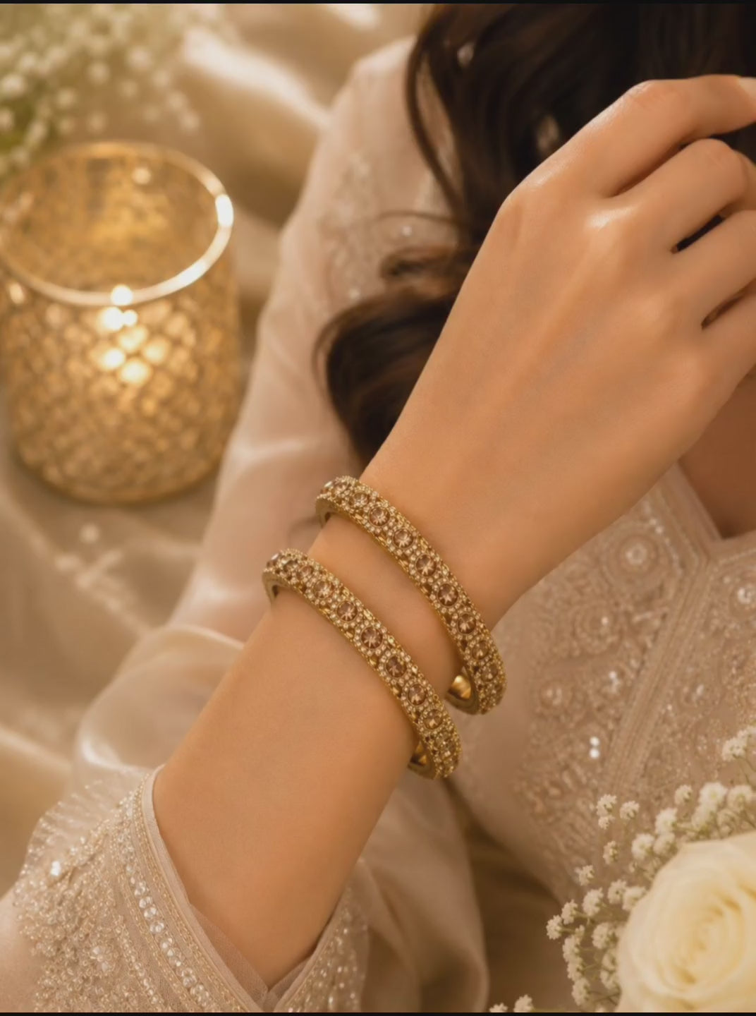 Antique Gold Plated Set Of 2 Champagne CZ Bangles