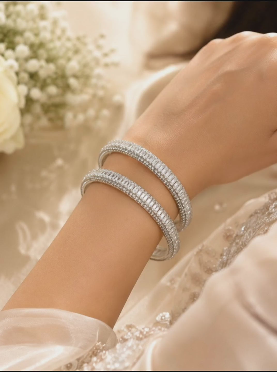 Silver Plated Set Of 2 Baguette American Diamond Kada Bangles