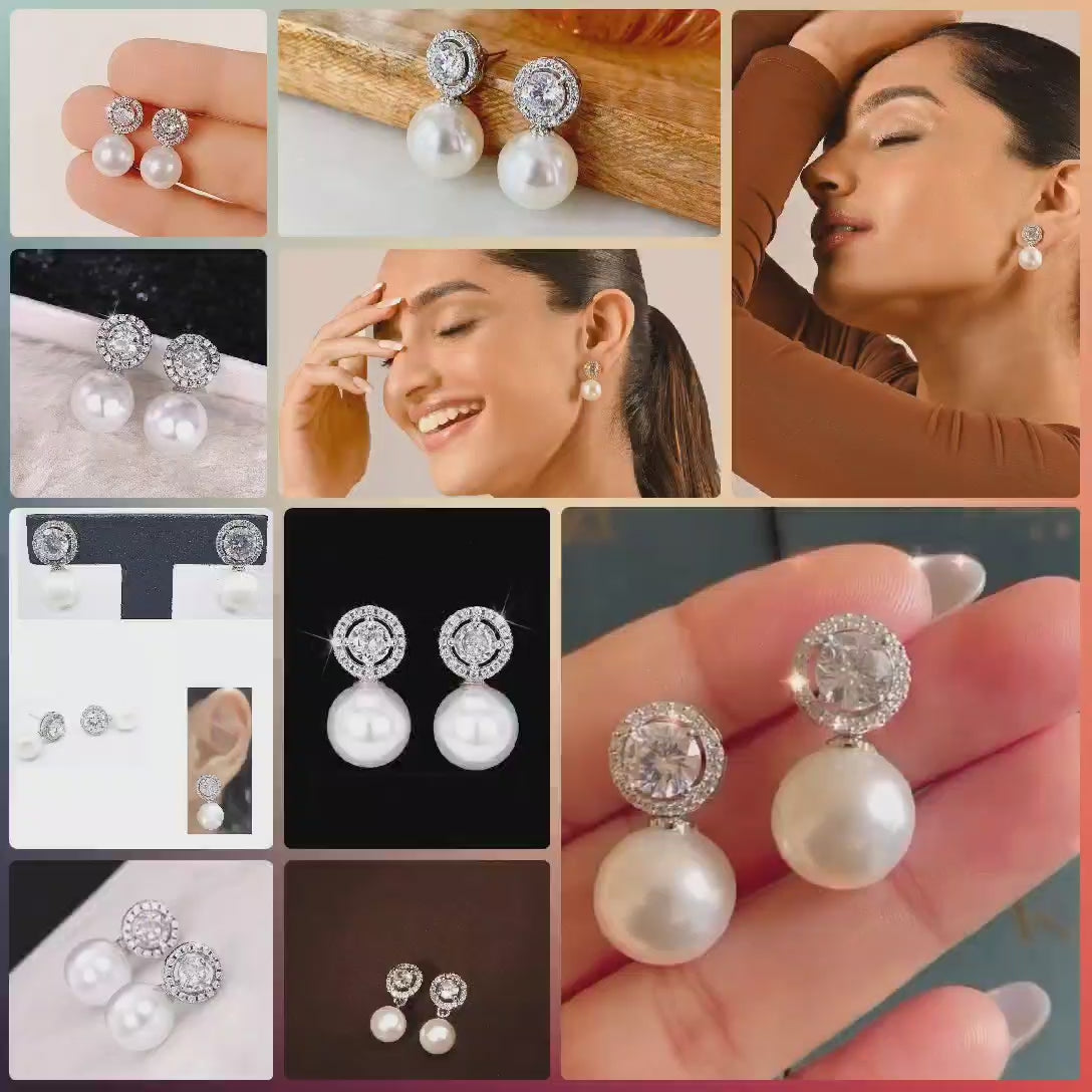 Moonstone and Pearl Drop Earrings with Diamond Halo