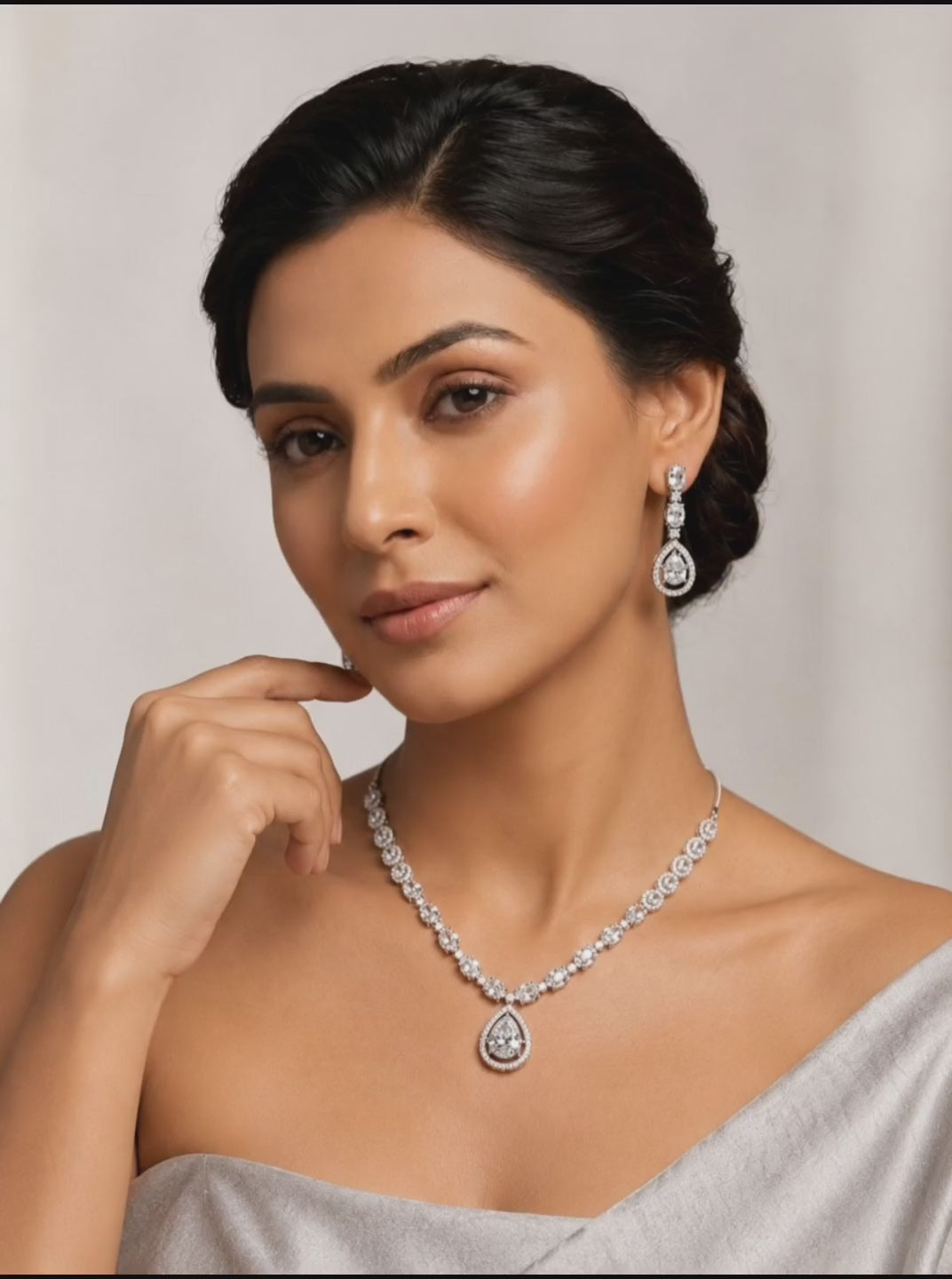 Silver Plated American Diamond Teardrop Necklace Set