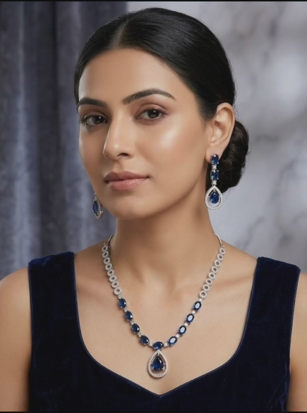 Silver Plated Elegance American Diamond Blue Necklace Set
