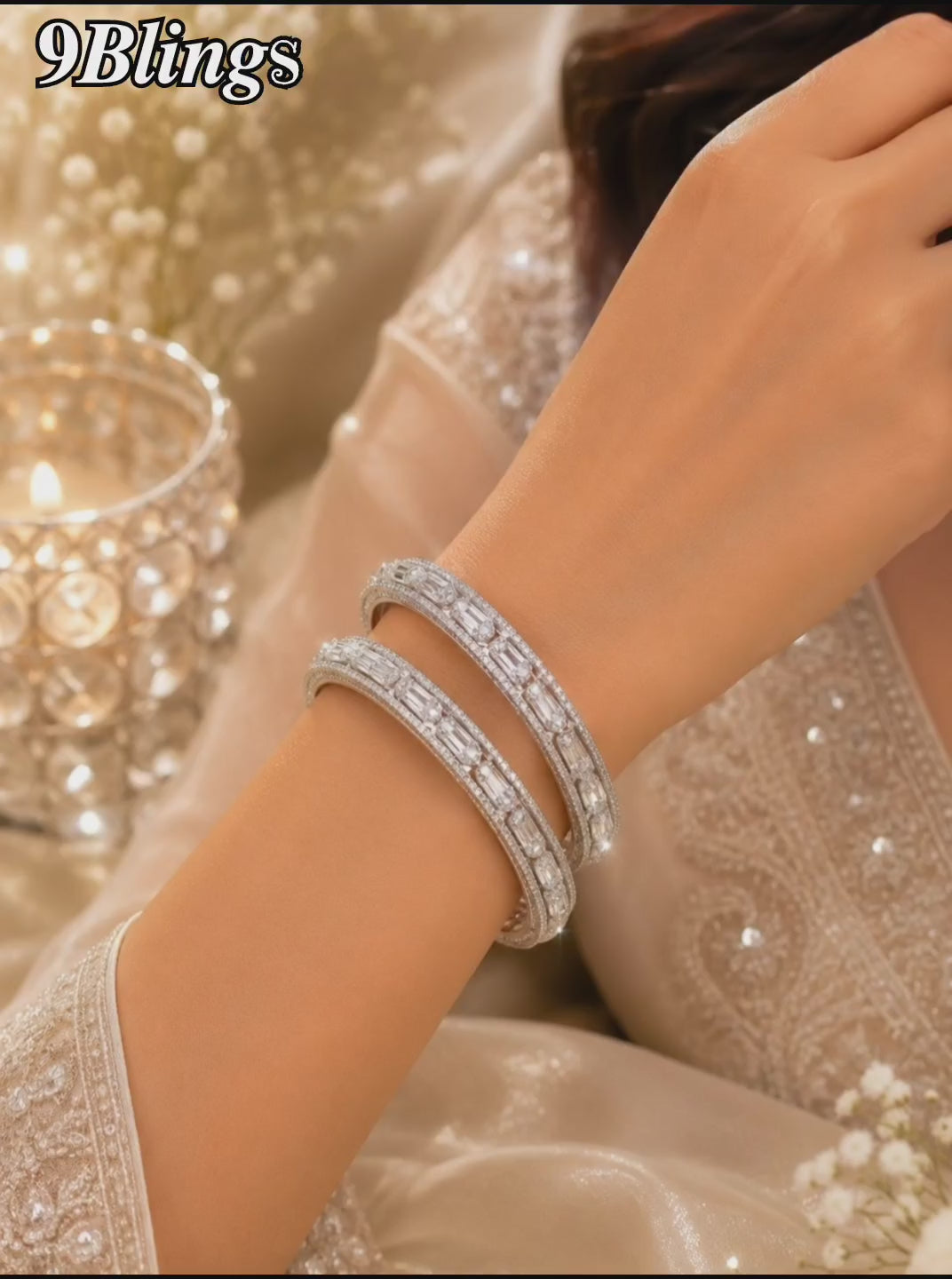 Set Of 2 Rhodium Plated Baguette American Diamond Bangles